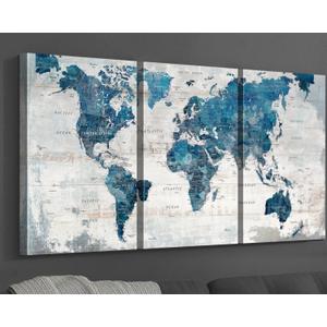 Living Room Wall Art Office Pictures Wall Decor for Bedroom Canvas World Map Art Kitchen Decor Framed Paintings for Wall Decorations (Overall 48''W x 24''H, Blue)