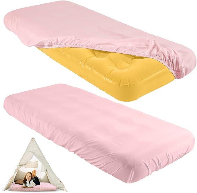 Breling Kids Air Mattress Fitted Sheets Compatible with Intex Cozy Kidz (Sheet Only) Toddler Inflatable Mattress Sheets for Kids Sleepover Party Travel Camping Airbed(Pink,2 Pcs)