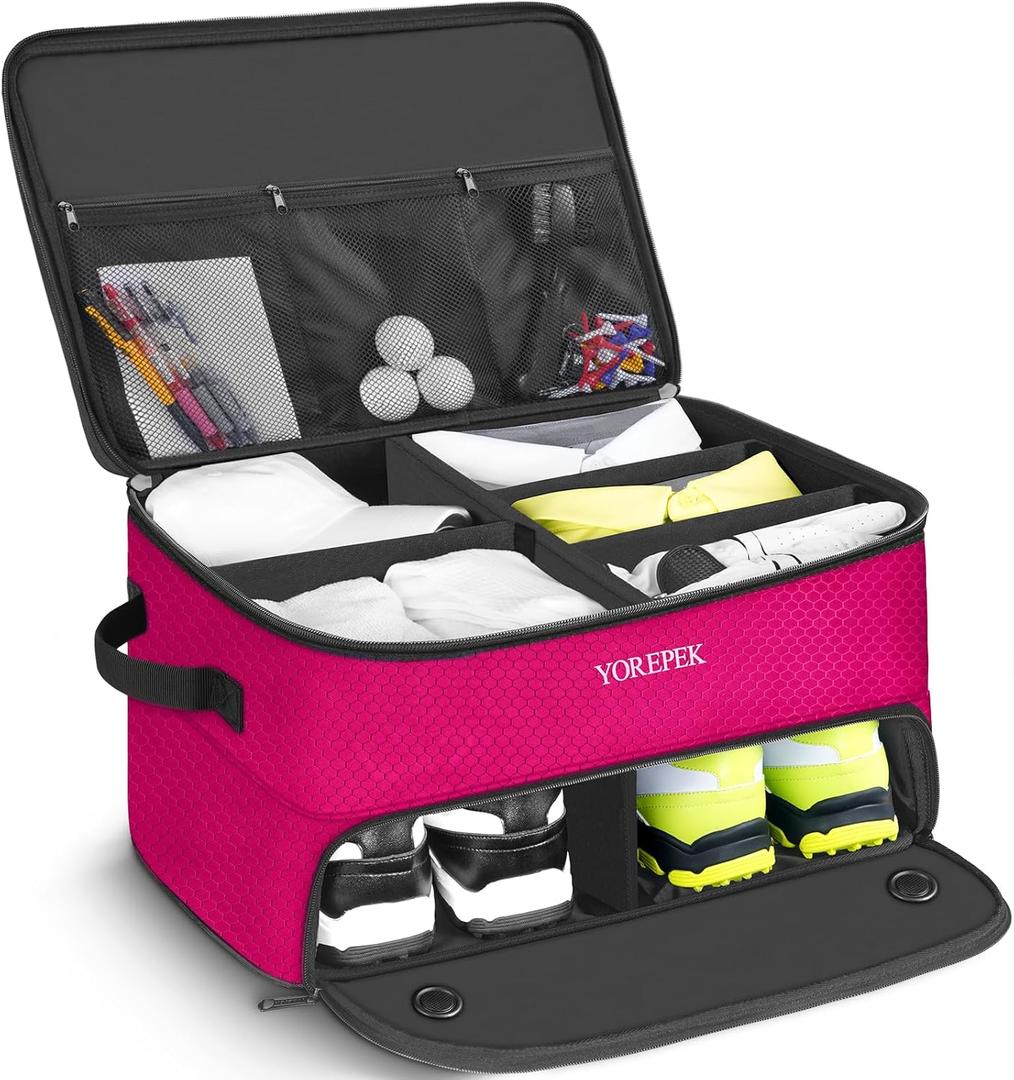 YOREPEK 2 Layer Golf Trunk Organizer, Golf Gifts for Men with Separate Ventilated Compartment for 2 Pair Shoes, Waterproof Car Trunk Locker for Balls, Tees, Clothes, Gloves, Accessories, Golfer Gifts (Standard-Pink) YOREPEK 2 Layer Golf Trunk Organizer, Golf Gifts for Men with Separate Ventilated Compartment for 2 Pair Shoes, Waterproof Car Trunk Locker for Balls, Tees, Clothes, Gloves, Accessories, Golfer Gifts (Standard-Pink)
