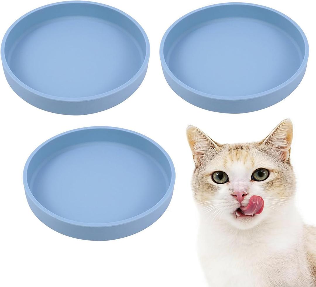 Silicone Dog Bowl Shallow Cat Food Bowls, 6 Inch Wide Cat Bowls Whisker Friendly, No Spill Less Mess Dog Plates for Dry and Wet Food, Set of 3 Puppy Bowls for Small Dogs and Cats (Blue)