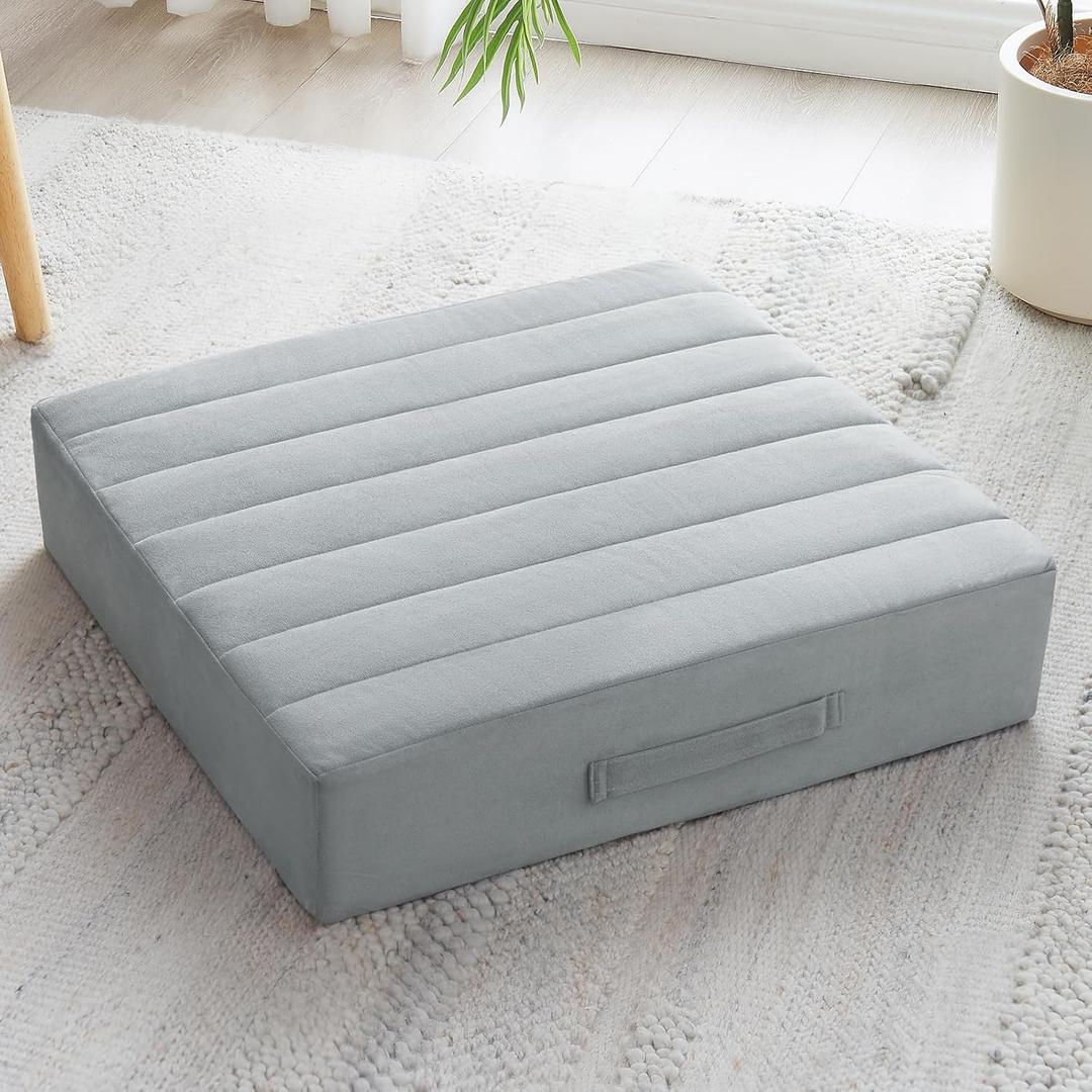 JKMAX 22 inches Floor Pillow for Adults - Large Meditation Cushion with Thick Foam & Soft Tufted Cover - Premium Outdoor Square Floor Cushion Seat - Yoga Pillows for Sitting On Floor - Light Gray (1 Count)
