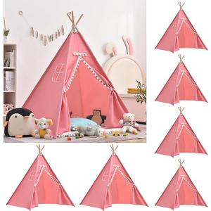 Wholelovein 6 PCS Kids Teepee Play Tent, Foldable Washable Tipi Tent Kids Boho Tent, Playhouse for Girls Boys Sleepovers Party Birthday Party (Pink)