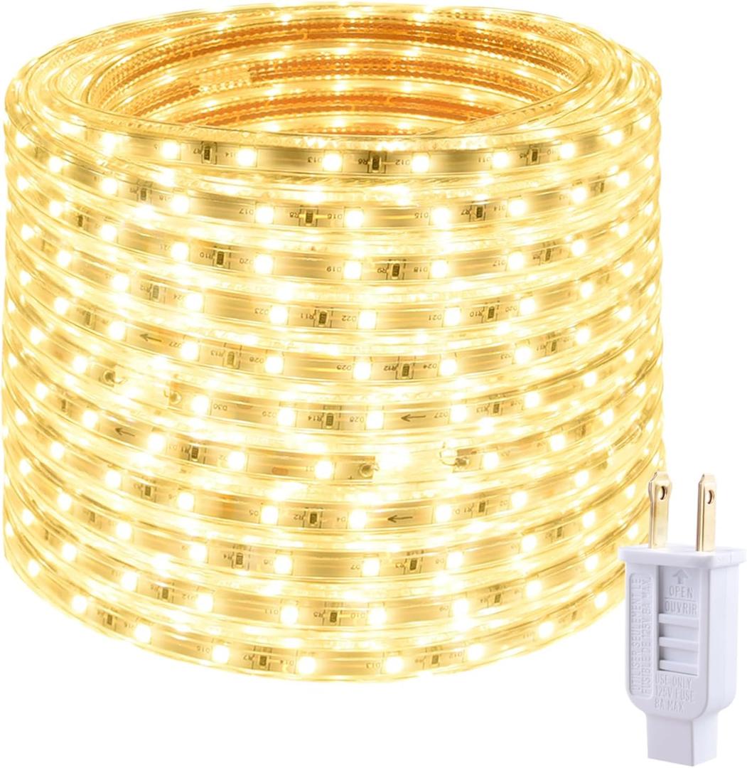7 x 110V 2 Wire Warm Led Strip Lights Outdoor 50ft 3000K Led Rope Lights Indoor Waterproof Flexible Cuttable Connectable with UL Listed Power Supply for Home Bedroom Garden Decoration (Yellow)