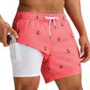 maamgic Mens Swim Trunks with Compression Liner 5 Inch, Quick Dry Bathing Suit with Zipper Pockets, No-Chafing Swim Shorts (Large, Pink-anchor)