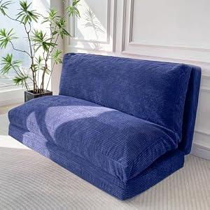 MAXYOYO Bean Bag Bed Folding Sofa Bed Floor Mattress for Adults, Extra Thick and Long Floor Sofa with Corded Washable Cover, Navy, 39x95 Inch (Classic Twin)