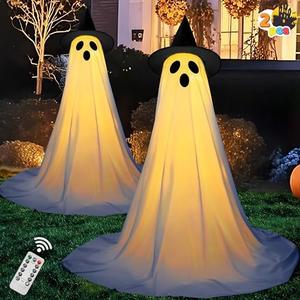 JOYIN 1 Packs 47'' Halloween Decorations Outdoor Standing Ghost, Light Up Spooky Ghost with Witch Hat & Remote Control, Glowing Halloween Decor for Yard Porch Lawn Garden Party Supplies Haunted House