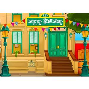 7x5ft Fabric Happy Birthday Backdrop for Photography Cartoon Street Theme Backdrop for Boys and Girls Photo Booth Shooting Props