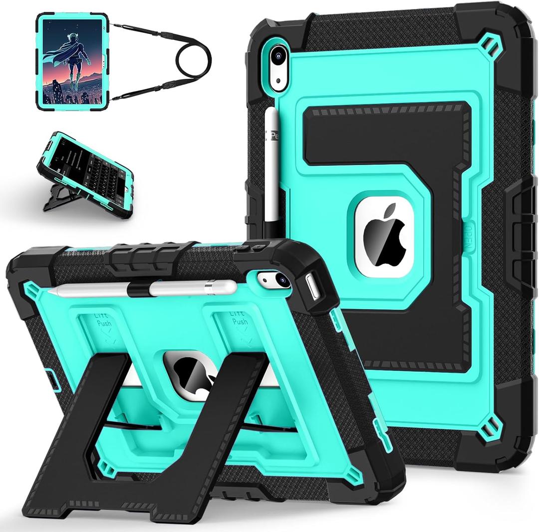 for iPad (A16) 11 Inch 11th /10th Generation 10.9 Inch Kids Friendly iPad Case 10th Generation with Shoulder Strap,Heavy Duty Shockproof Cover for i Pad 11th/10th Gen,Black Mint