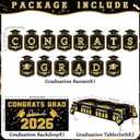 Graduation Decorations 2026 2027 - Black Gold Congrats Grad Banner Backdrop Tablecloth Set - Graduation Decorations Class of 2026 | Graduation Party Favors Supplies