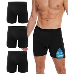 Incontinence Underwear Long Leg For Men, 100ML Absorbent Cotton Washable Leak-Proof Reusable Boxer Brief 3 Pack (Black, X-Large)