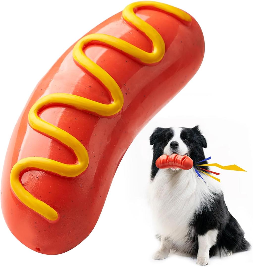 Dog Chew Toys for Aggressive-Chewers - Indestructible Dog Toy for Aggressive ChewerTough Chew Toys for Dogs Rubber (01-Red-Hotdog)