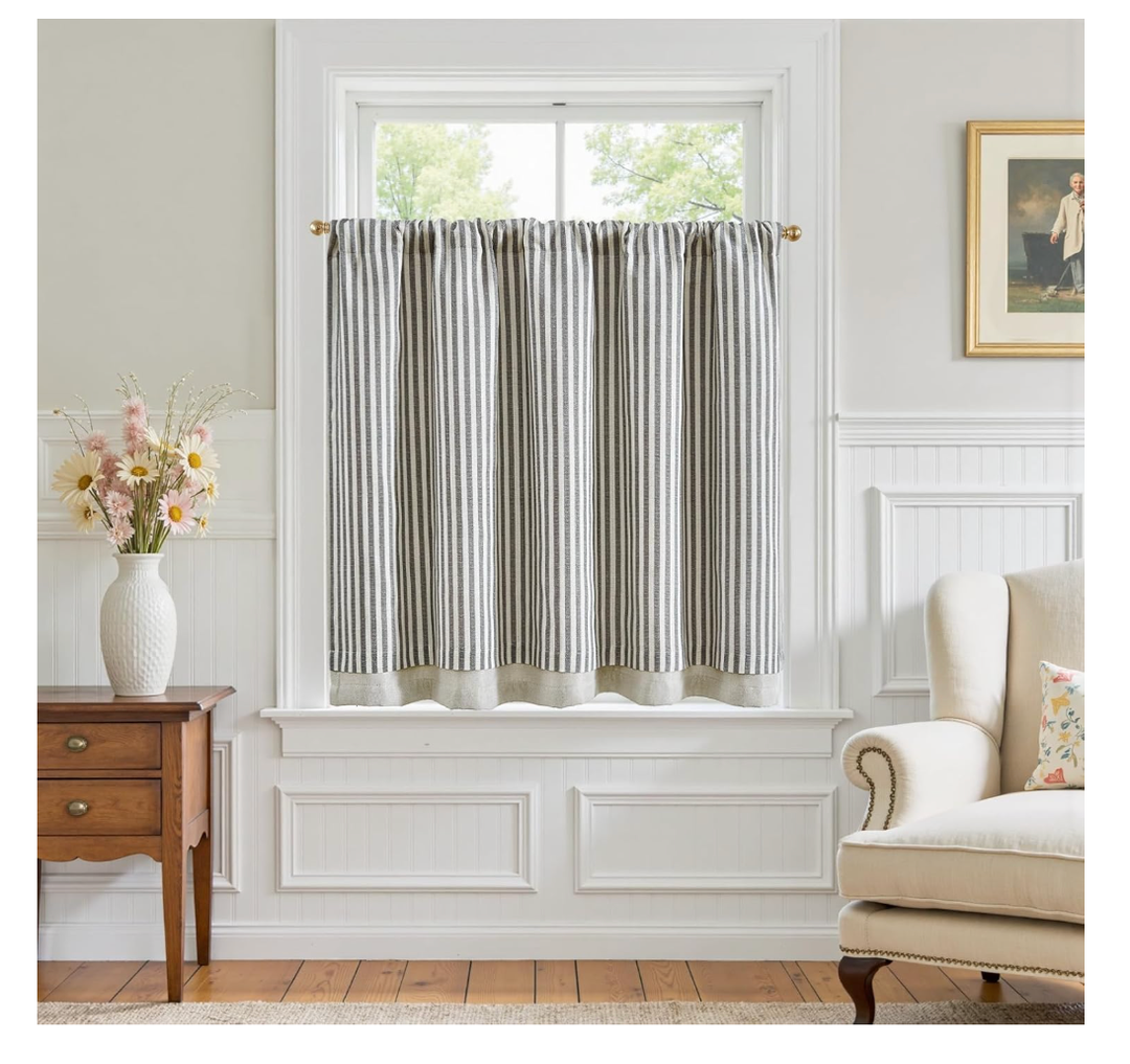 jinchan Double Layer Striped Linen Kitchen Tier Curtain Rustic Cafe for Living Room Bathroom Half Window Curtain 35x50 inches