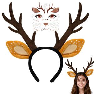 Deer Ears Antlers Headband & Face Tattoos Set for Deer Costume Women Adults - Cute Reindeer Antler Costumes Accessories, Halloween Christmas Animal Cosplay Party