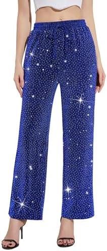 PEIQI Women High Elastic Waist Wide Leg Palazzo Pants Bling Glitter Casual Loose Long Sparkle Pant Trouser L