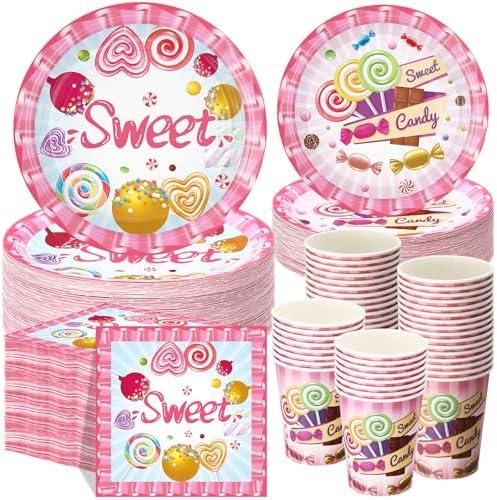 Funnymoom 250 Pcs Candyland Party Decorations Sweet Candy Lollipop Paper Plates Cups and Napkins Disposable Halloween Sweet Candy Themed Tableware Set for Baby Shower Birthday Party Supplies Serves 50