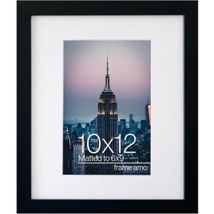 Frame Amo 10x12 Black Picture Frame with 5.5x8.5 White Mat Opening for 6x9 Image, 1 Inch Border, Acrylic Face, for Wall or Table