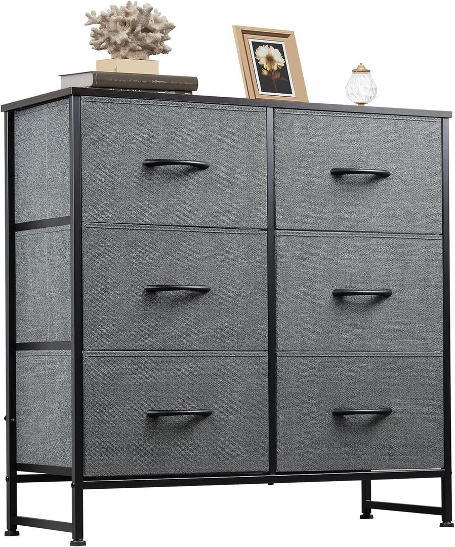 WLIVE Fabric Dresser for Bedroom, 6 Drawer Double Dresser, Cloth Dresser with Fabric Bins, Chest of Drawers for Closet, Living Room, Hallway, Dark Grey