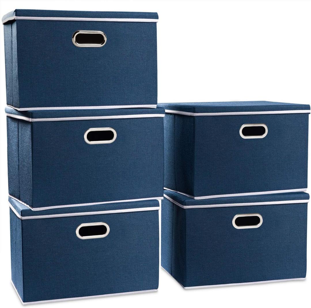 PRANDOM Large Collapsible Storage Bins with Lids [5-Pack] Fabric Foldable Storage Boxes Organizer Containers Baskets Cube with Cover for Home Bedroom Closet Office Royal Blue(17.7x11.8x11.8)