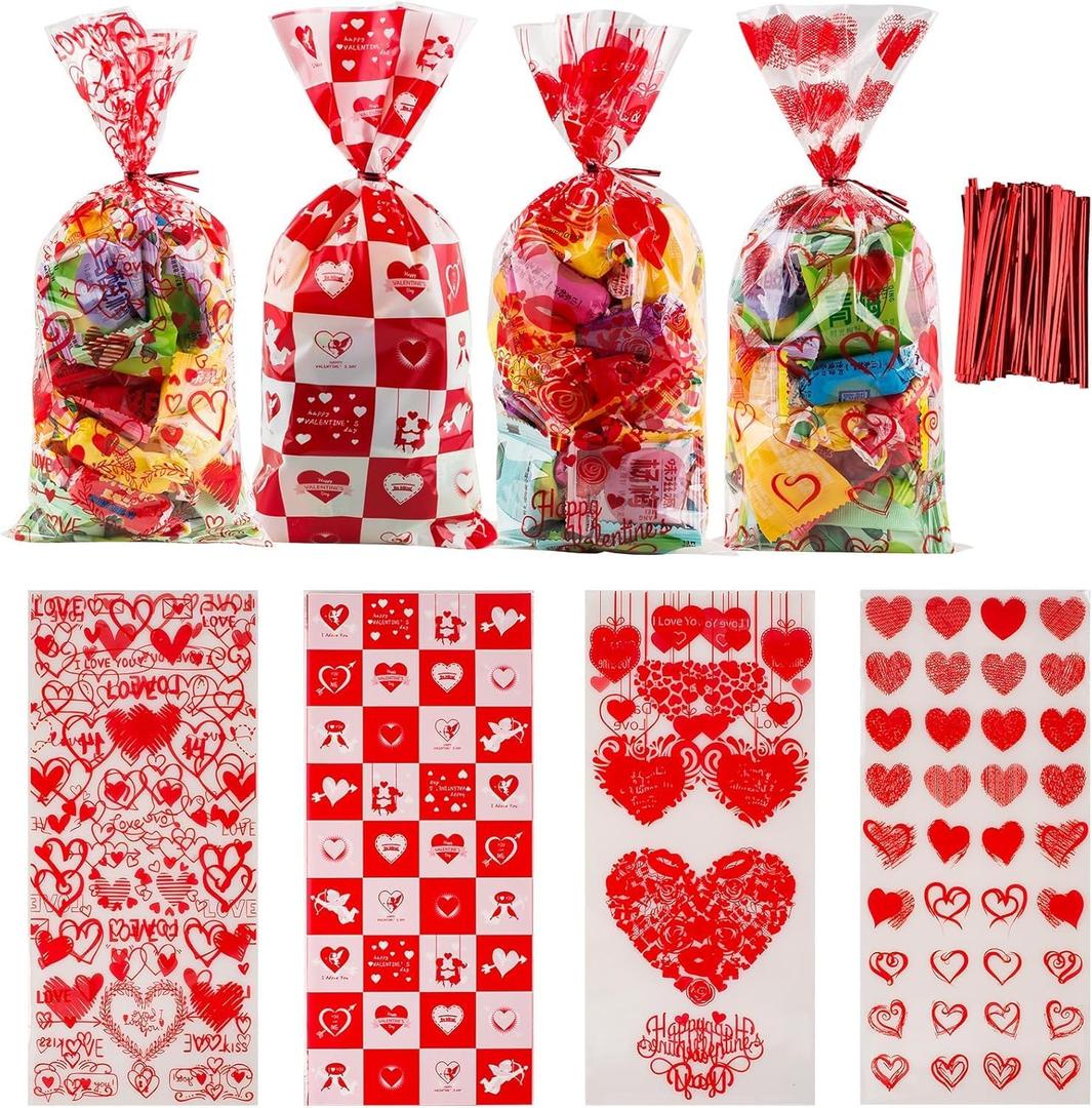 FloraSea 200PCS Valentines Day Gift Bags, Valentines Bag for Kids Class, Valentines Goodie Bags with Twist ties for Party Favor, Classroom Exchange Prizes, Valentines Candy Bags