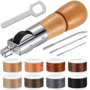 WILLBOND 12 Pieces Leather Sewing Awl Hand Stitcher with Craft Accessories Set, Hand Awl Tool, 3 Sizes Needles and Replacement Spools of Thread, Stitching Tool Kit(Elegant Color)