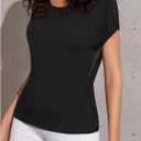 OYOANGLE Women's Criss Cross Open Back Sheer Sports Shirts Short Sleeve Crew Neck Workout Tops (Black, M)