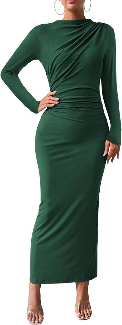 BTFBM Women Bodycon Maxi Dress Long Sleeve Back Slit Ruched Elegant Party Cocktail Formal Fall Wedding Guest Dresses (Medium, Dark Green)