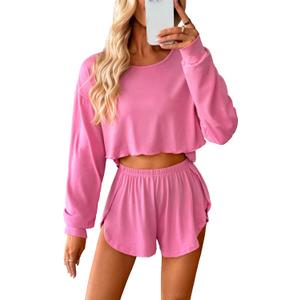 Remidoo Women's Split Short Pajama Set Long Sleeve T Shirt and Shorts Pajamas Crewneck Loungewear Pink Large