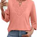 WIHOLL 3/4 Length Sleeve Womens Tops Boho V Neck Lace Shirt Trendy Blouses Dressy Casual Vacation Clothes  (Pink, S)