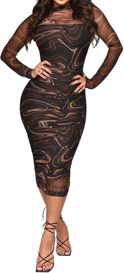 Fastkoala Women Sexy Long Sleeve Printed Sheer Mesh Bodycon Midi Dress See Through Slim Fit Party Clubwear Night Dress, Large