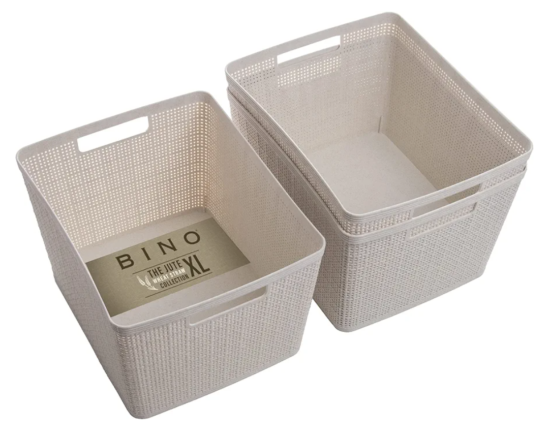 BINO Woven Plastic Basket | Large (Natural), 3-Pack | THE JUTE COLLECTION | Home Organization, Space-Saving Storage, Stylish Design | Plastic Storage Basket