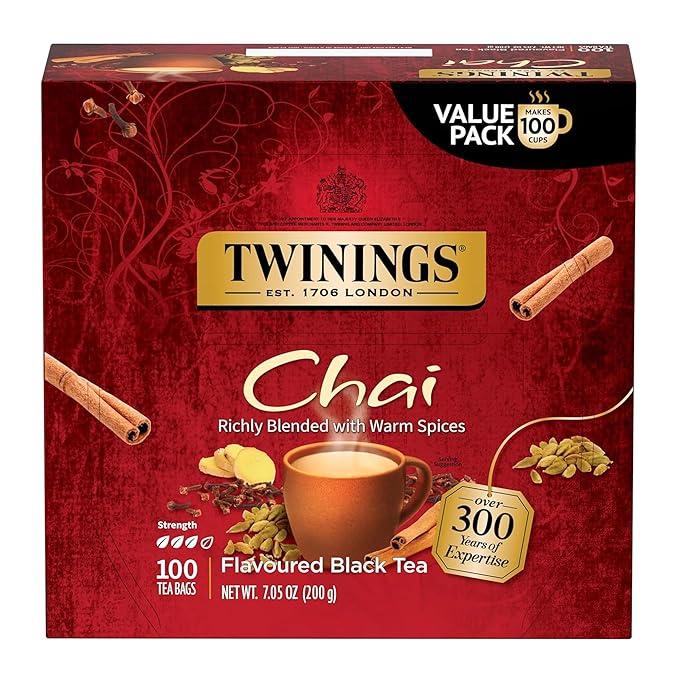 Twinings Chai Black Tea Individually Wrapped Bags, 100 Count (Pack of 1), Richly Blended with Warm Spices, Caffeinated, Enjoy Hot or Iced, 100 Teabags
, BBD: 08/JAN/2029