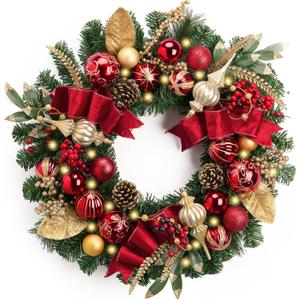 Valery Madelyn 24'' Pre-Lit Christmas Wreath for Front Door with Light, Collapsible Lighted Outdoor Christmas Wreath with Red Gold Xmas Balls for Home Porch Fireplace Window Holiday Wall Decor