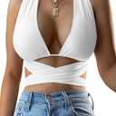 Kaximil Women's Sexy Sleeveless Halter Criss Cross Cami Lace Up Self Tie Tank Crop Tops (White) S/M