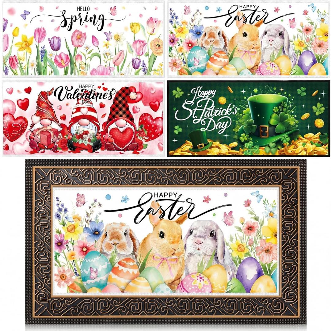 Tinideya 5 Pcs Interchangeable Seasonal Door Mat Inserts 23 x 11 Inches 29 x 17 Inches St. Patrick's Day Easter Spring Welcome Non Slip Frame Rugs Bunny Tulip Front Door Porch Entryway Outdoor Decor
