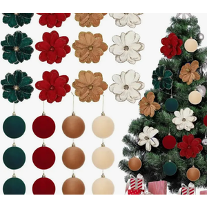 24 Pcs Velvet Christmas Ornaments Include 12 6.7'' Magnolia Poinsettia Flower with Stem 12 3.1'' Shatterproof Velvet Balls for Xmas Tree Wedding Party Decorations(Brown Beige Green Burgundy)