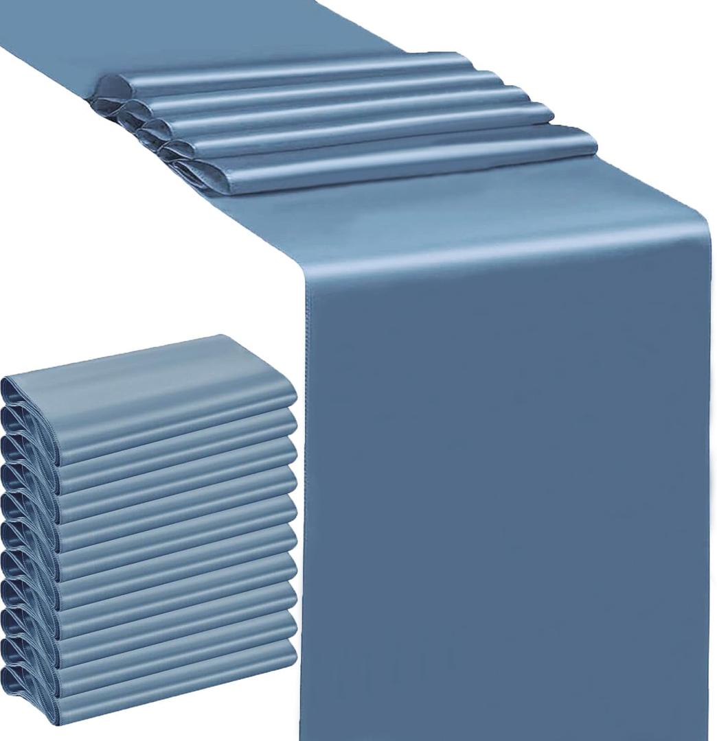 Satin Dusty Blue Table Runners 10 Pack - SINSSOWL12 X 108 Inches Wedding Satin Table Runner for Party Banquet Bridal Shower Baby Shower Conference Dining Room Table Decoration - Dusty Blue