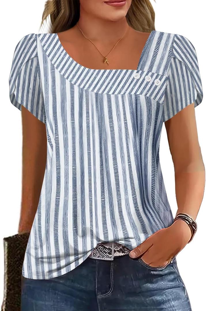 Womens Petal Sleeve Tops Summer Trendy T Shirt Casual Loose Square Neck Button Blouse Tees (Large)