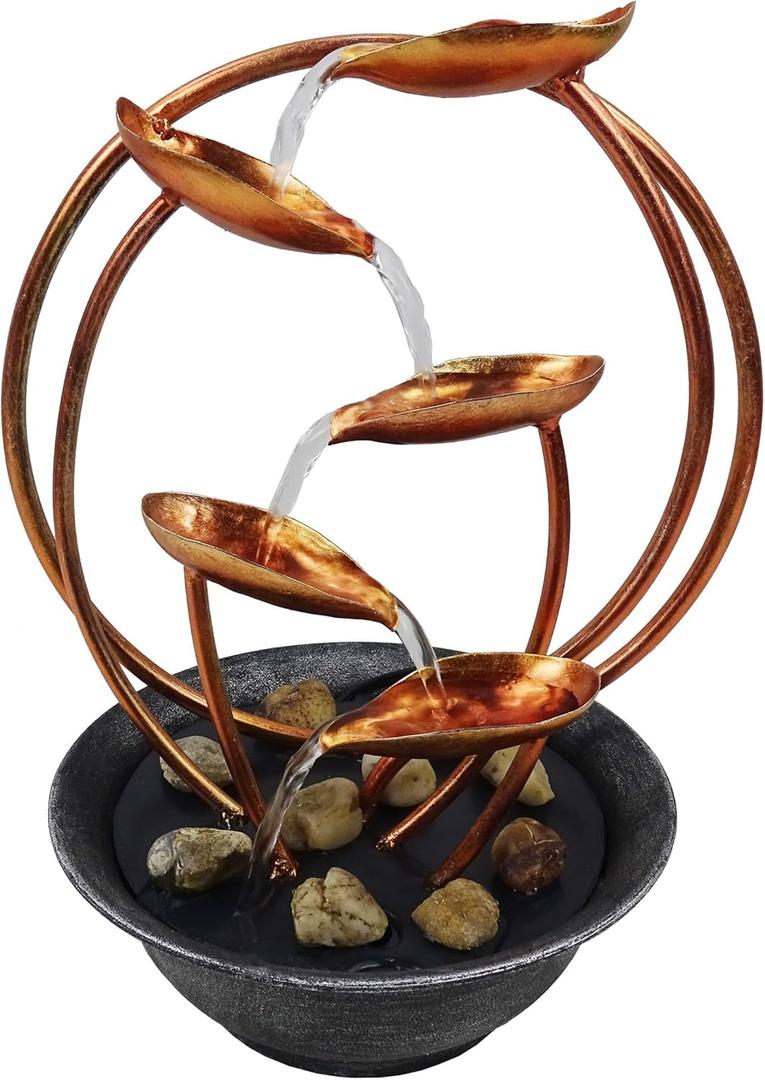 Alpine Corporation ZEN920 13" Decorative Indoor Tabletop Multi Tiered Metal Leaf Water Fountain with Stone Filled Base for Home, Office, and Desk Decor, Copper