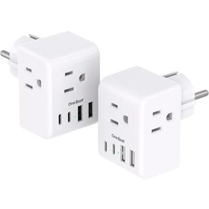 2 Pack Germany France Travel Plug Adapter with 3 Outlets 4 USB Charging Ports(2 USB C), Type E/F International Power Adapter, Travel Essentials US to Europe France Germany South Korea Netherlands