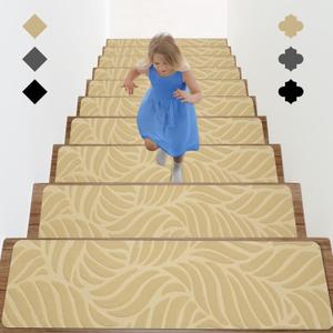Arttown 15pcs 30" x 8" Non Slip Stair Treads for Indoor Wooden Steps Anti Slip Carpet Stair Runner with Adhesive Backing Peel and Stick Staircase Step Treads for Kids,Elderly and Pets Beige Leaves