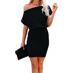 Ezbelle Women's Off The Shoulder Short Sleeve Ribbed Casual Summer HIPS-Wrapped Bodycon Party Mini Batwing Dress, Large, Black
