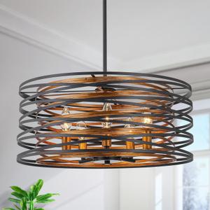 5-Lights Farmhouse Drum Chandeliers, 2-Tiers Pendant Light Fixture for Dining Room, Living Room, Bedroom, Adjustable Height 17~47", Wood Texture & Matte Black Finish
