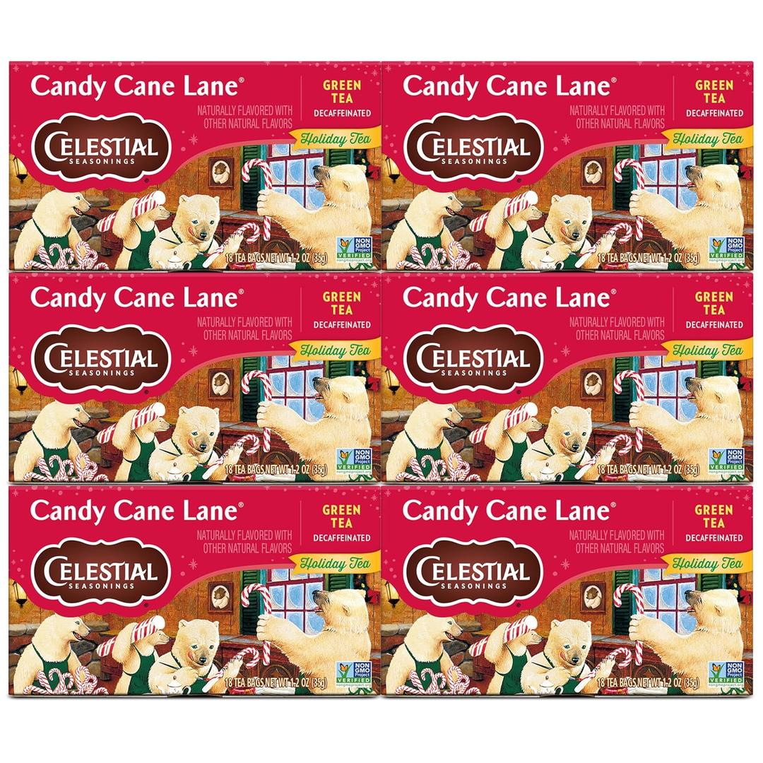 Celestial Seasonings Green Tea, Decaffeinated Candy Cane Lane, 18 Count (Pack of 6)