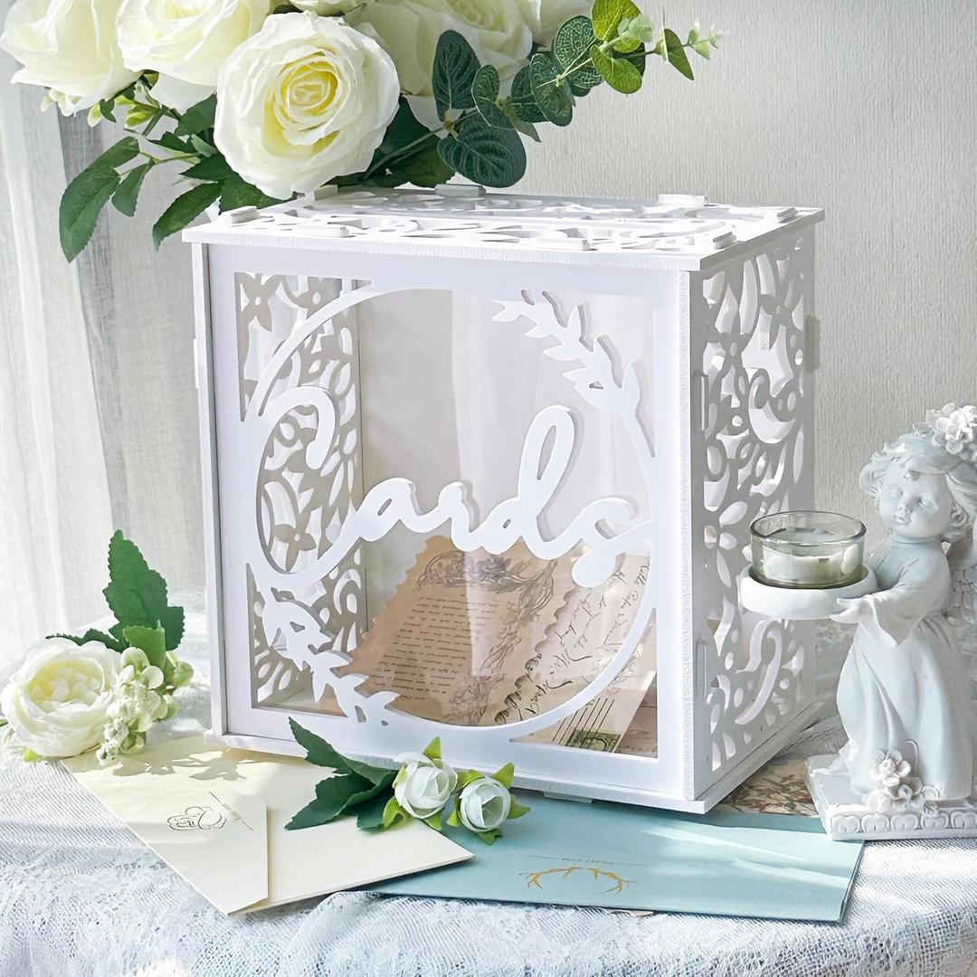 OurWarm White Wedding Card Box for Receptions, PVC Gift Card Box for Wedding with Acrylic Windows, Rustic Envelope Money Gift Box for Anniversary Bridal Baby Showers Graduation Birthday Party