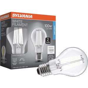 Sylvania A19 Clear LED White Filament Bulb, 11.5W, Dimmable, 1500 LMS, Medium Base, 5000K, Daylight - 2 Pack (42173)