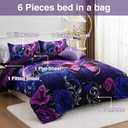 A Nice Night Galaxy 6pcs Bed in A Bag Purple and Blue Dreamy 3D Butterfly Printed, Butterflies Bedding Twin Comforter Set, for Girls Kids Teens