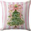 Christmas Tree Pillow Cover 18x18 Pink Coquette Holiday Throw Pillow Case with Bow and Stripes Cute Feminine Christmas Cushion for Bedroom or Sofa Decor