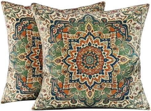 QoBexim Boho Soft Velvet Throw Pillow Covers 20x20 in Vintage Kilim Carpet Tribal Pattern Pillowcases, Antique Ethnic Decor, Geometric Pattern Cushion Cover for Sofa Living Room Green, 2 Pack