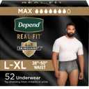 Depend Real Fit Adult Diapers, Incontinence Underwear for Men, Disposable, Maximum Absorbency, Large/Extra Large, 52 Count (2 Packs of 26), Packaging May Vary