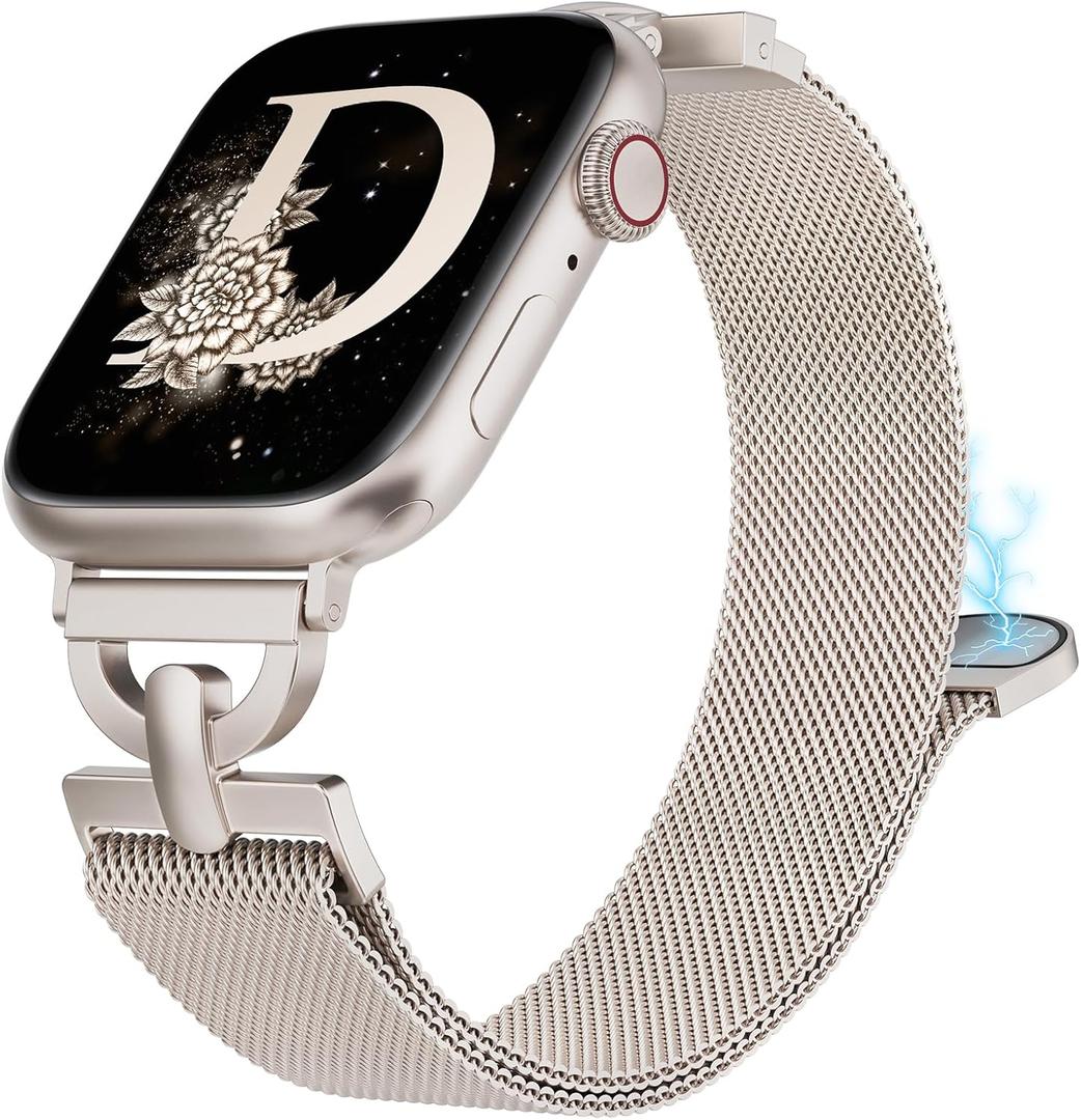 Stainless Steel Magnetic Loop Compatible with Apple Watch Band 42mm 44mm 45mm 46mm 49mm Women Metal Mesh D-shaped Clasp Strap for iWatch SE Series 10/9/8/7/6/5/4/3/2/1/Ultra(1/2) Starlight